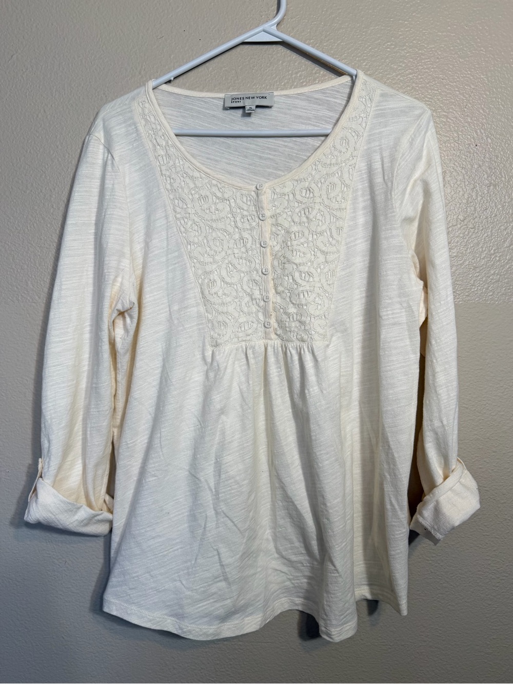Jones New York Boho 100% Cotton Cream Lace-Yoke Long Sleeve Top